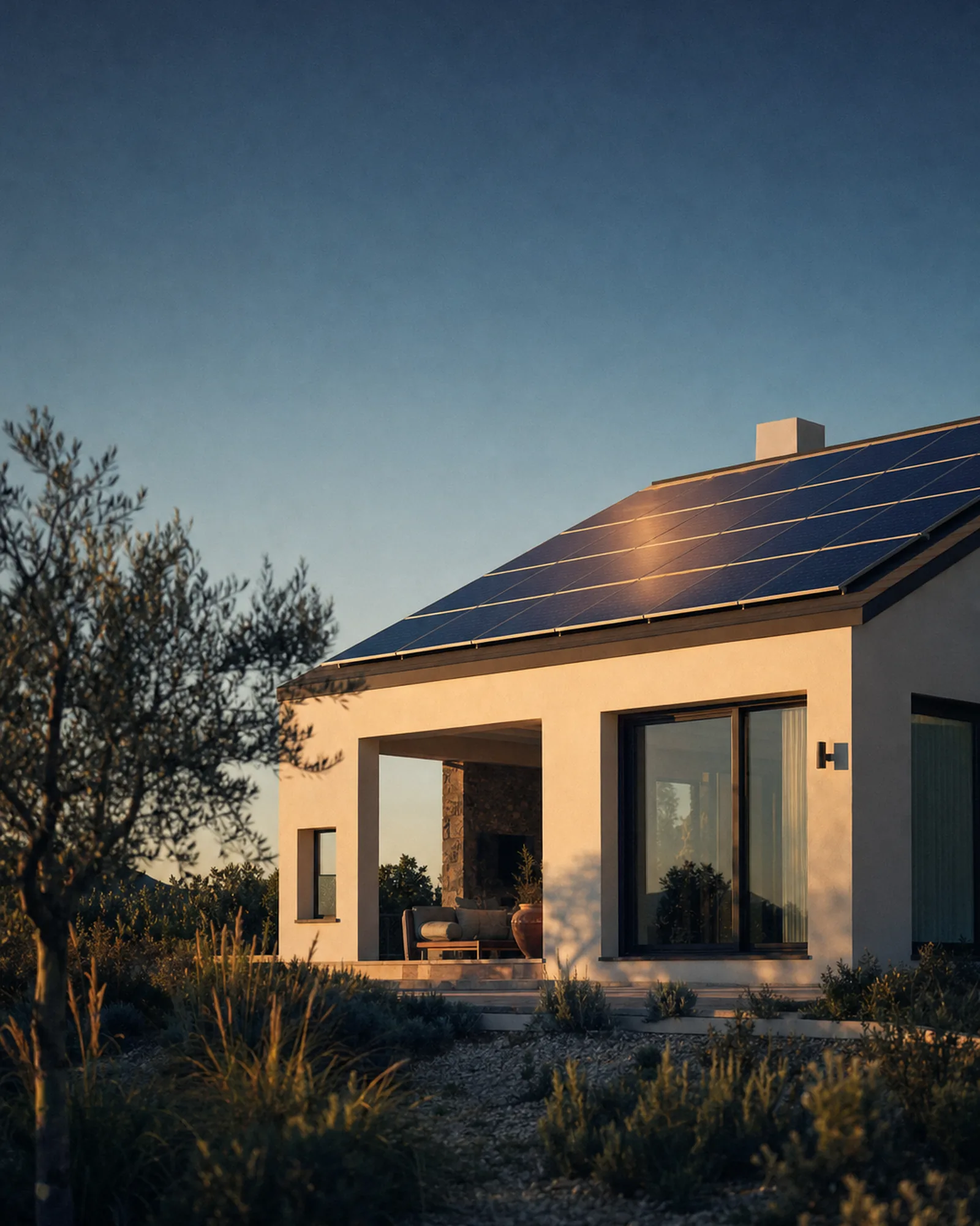 Vivienda unifamiliar con placas solares en la cubierta, al atardecer.